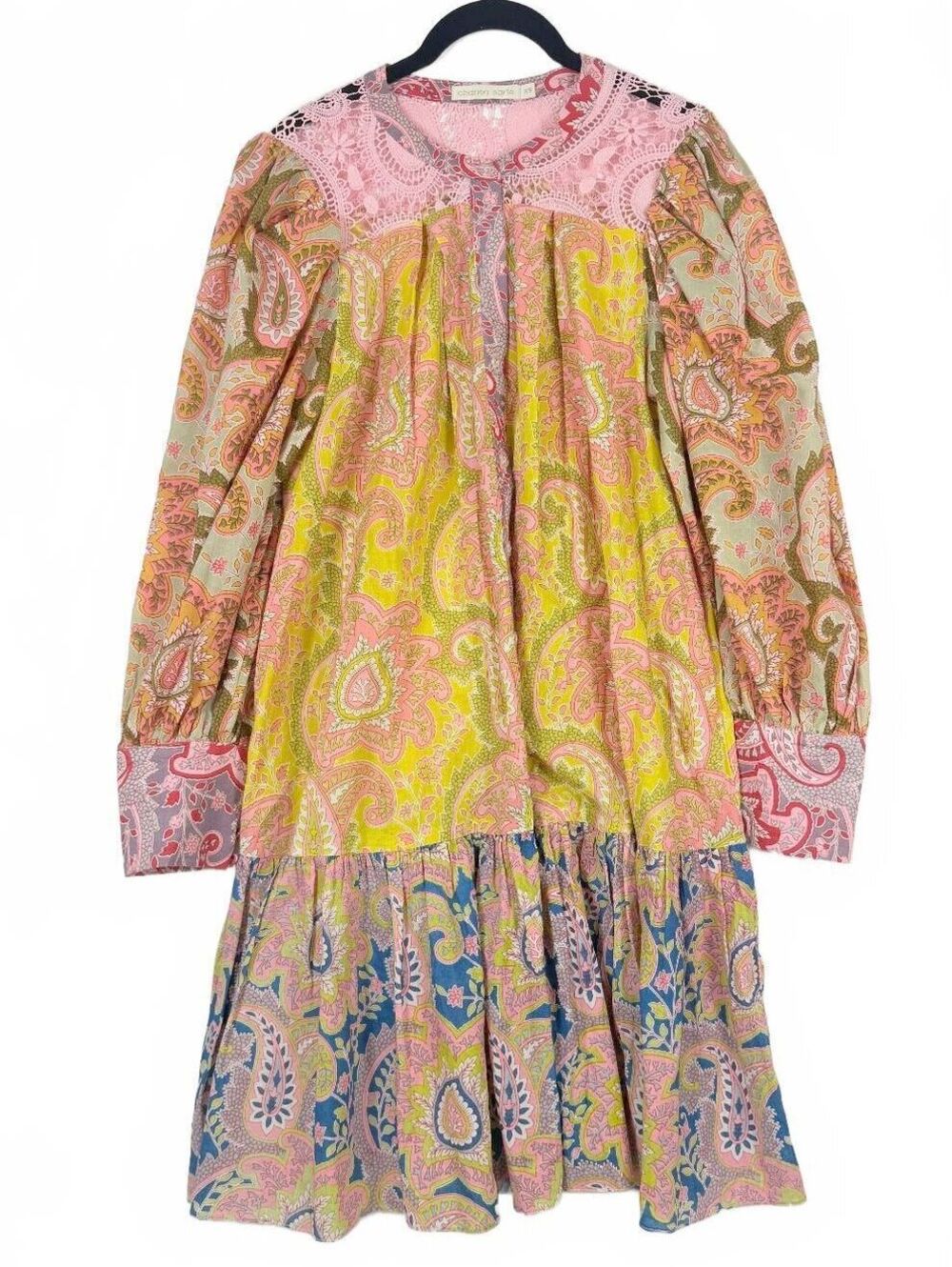 Charina Sarte Paisley Cotton Mini Dress Pink Yellow Blue Long Sleeve Size XS